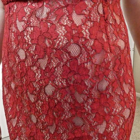 Red Dress Modest Lace Sheath Bodycon Cocktail Party French Connection Size 4 - Picture 6 of 10